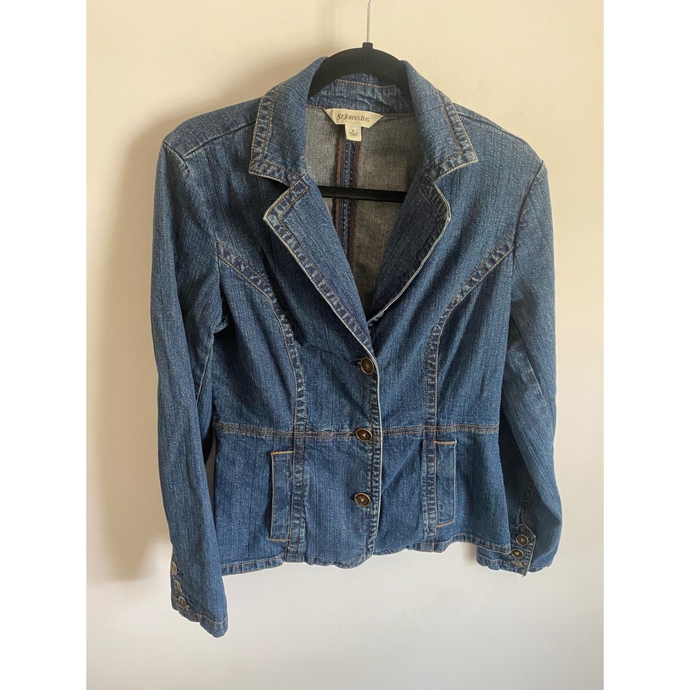 St Johns Bay Women Medium Wash Blue Denim Blazer Jacket Size M
